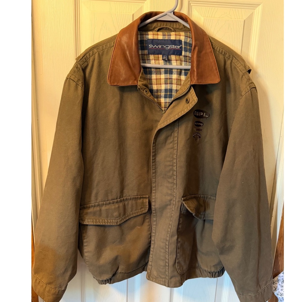 Swingster Mens Canvas Work Jacket Leather Collar Plaid Flannel Lined Brown Large